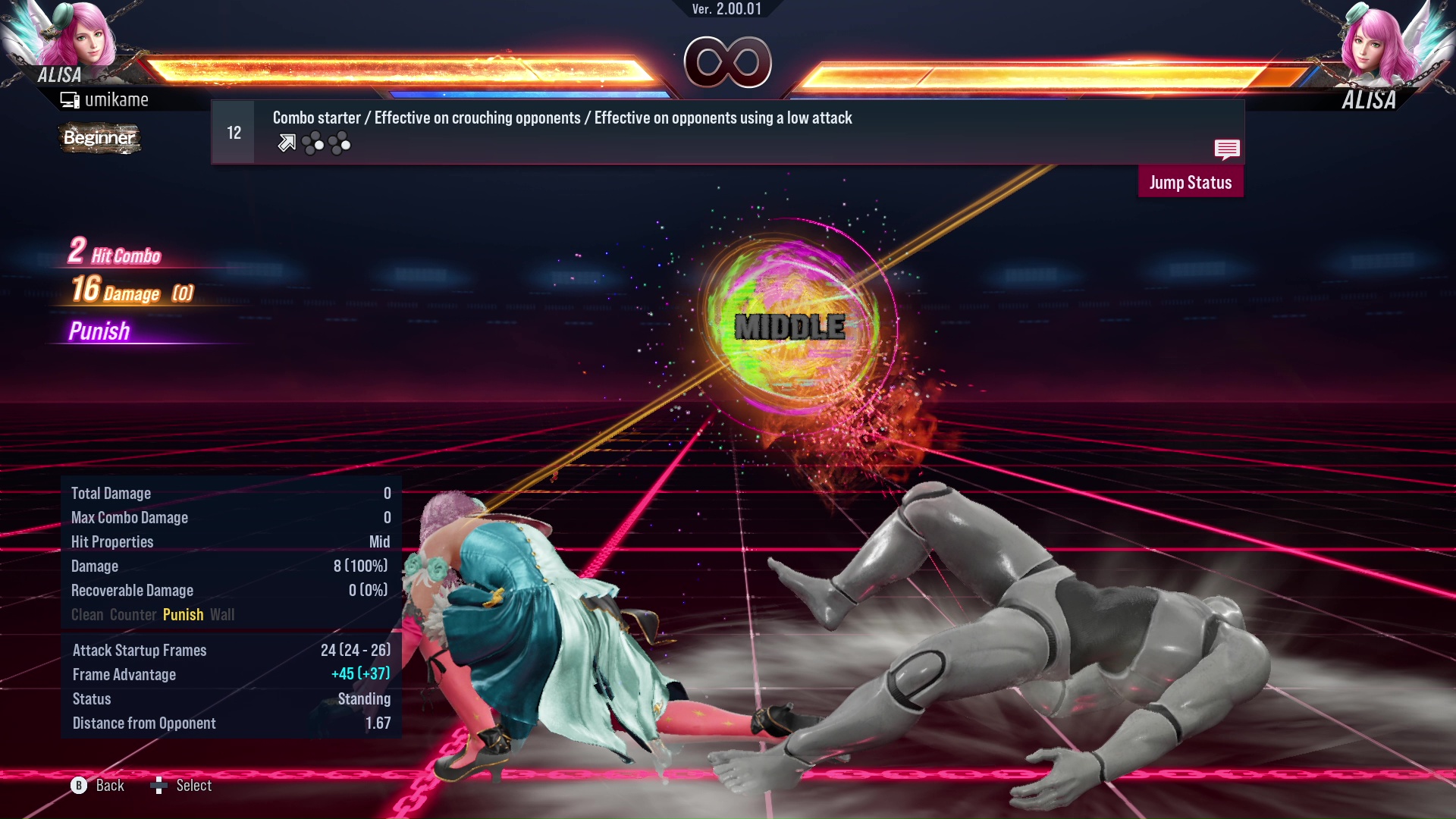 Combo starter / Effective on crouching opponents / Effective on opponents using a low attack