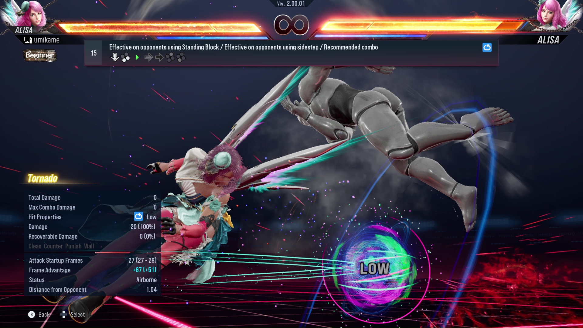 Effective on opponents using Standing Block / Effective on opponents using sidestep / Recommended combo