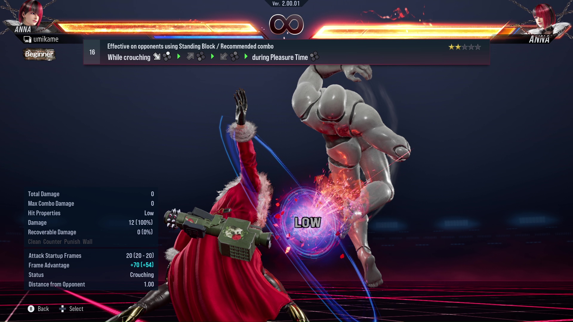 Effective on opponents using Standing Block / Recommended combo