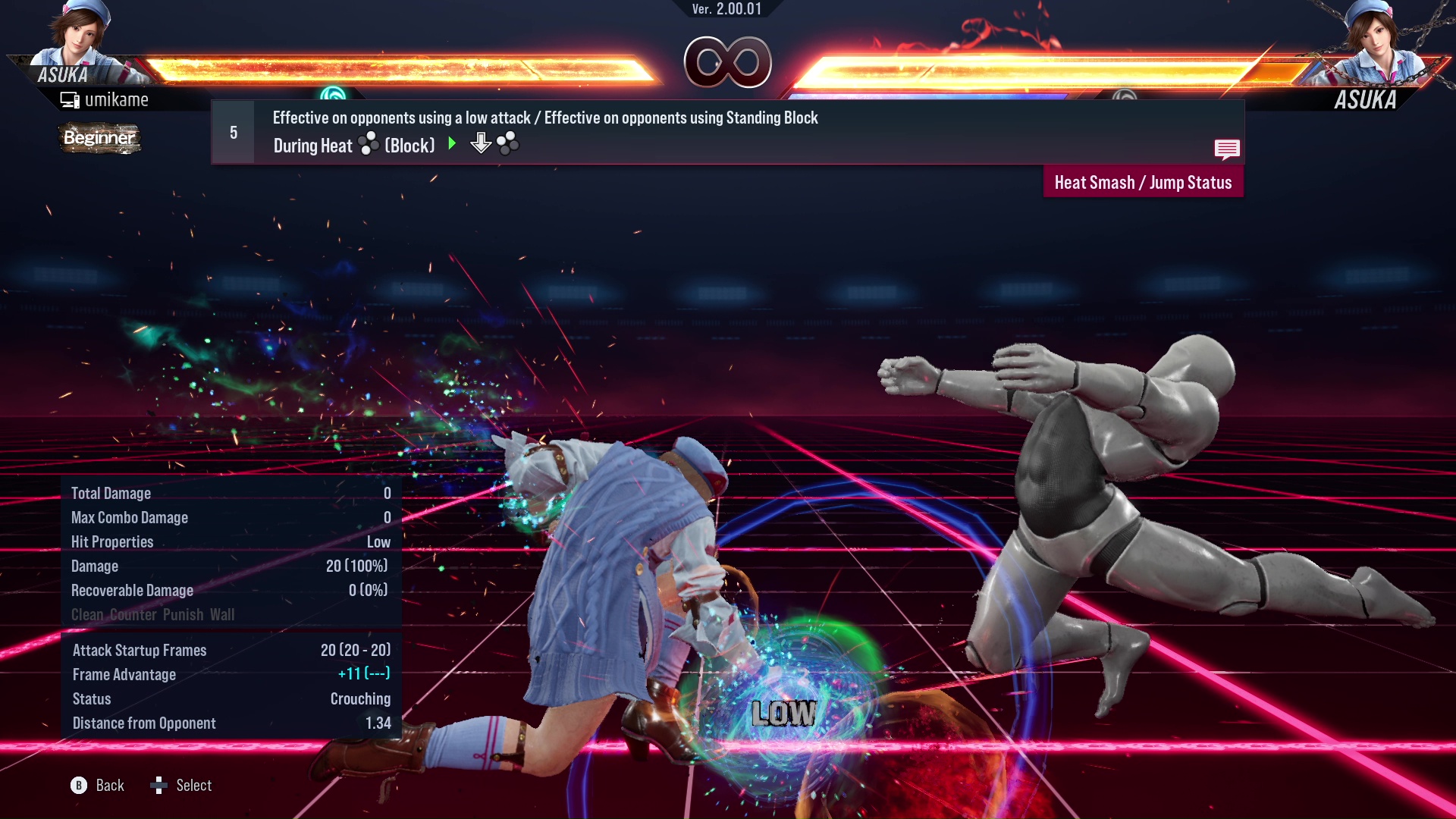 Effective on opponents using a low attack / Effective on opponents using Standing Block