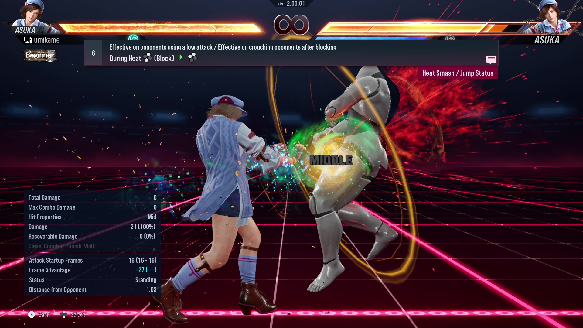 Effective on opponents using a low attack / Effective on crouching opponents after blocking