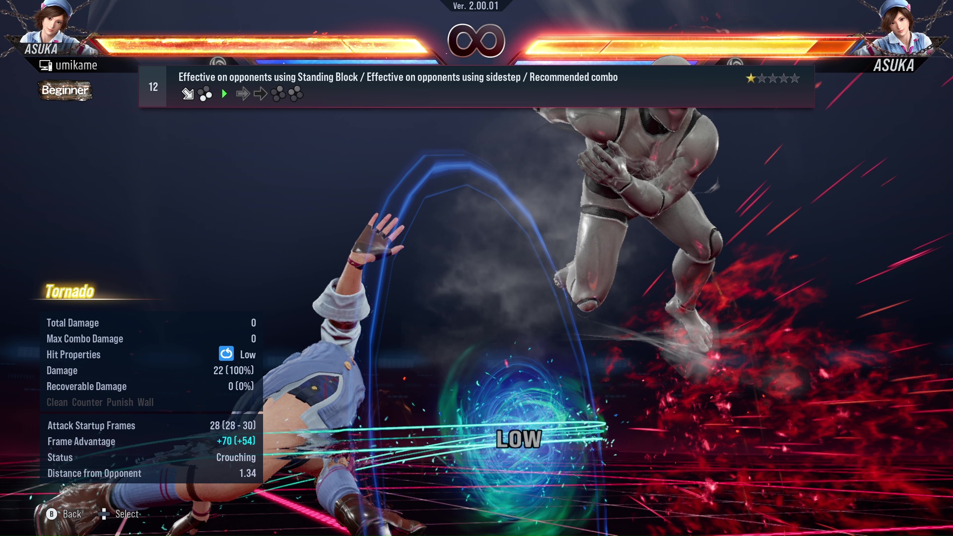 Effective on opponents using Standing Block / Effective on opponents using sidestep / Recommended combo