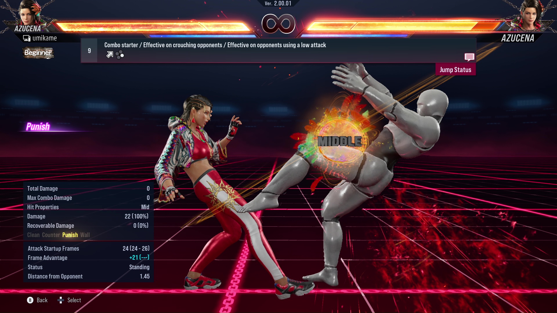 Combo starter / Effective on crouching opponents / Effective on opponents using a low attack