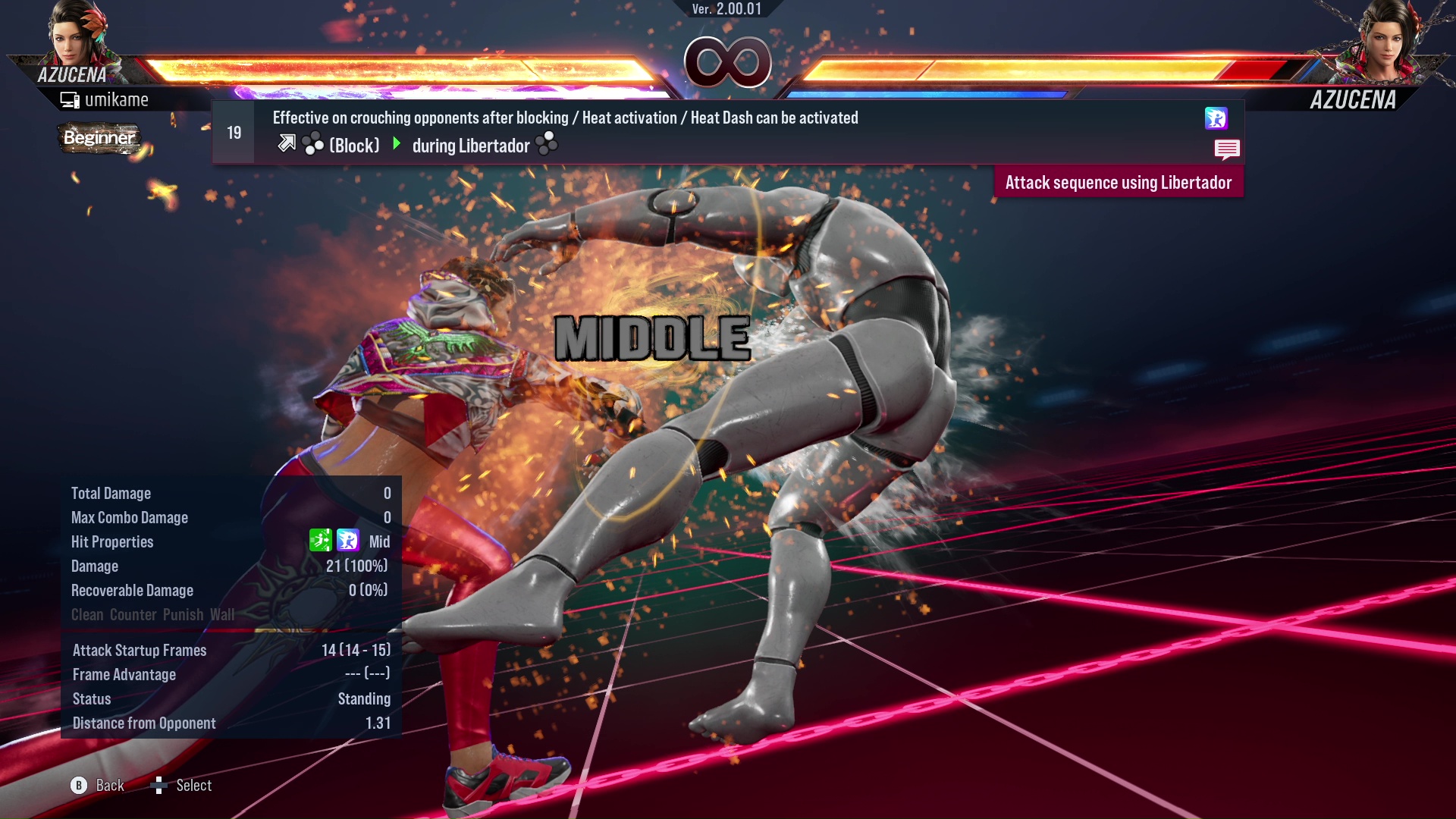 Effective on crouching opponents after blocking / Heat activation / Heat Dash can be activated