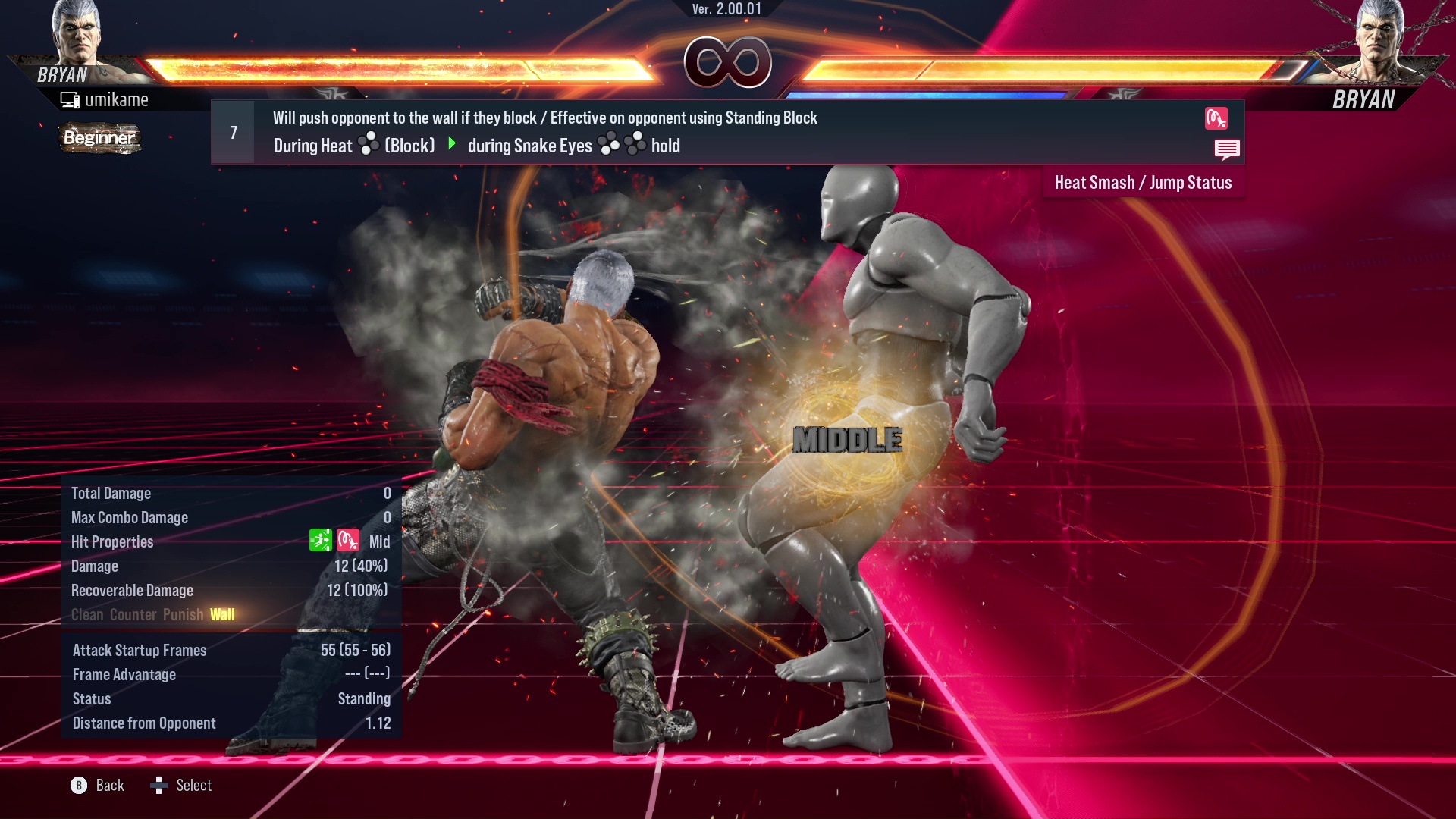 Will push opponent to the wall if they block / Effective on opponents using Standing Block