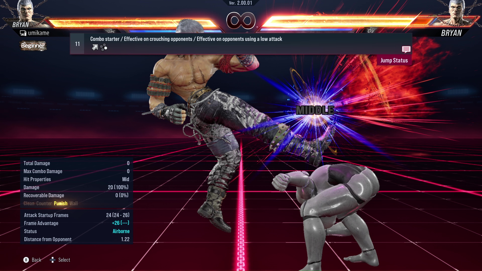 Combo starter / Effective on crouching opponents / Effective on opponents using a low attack