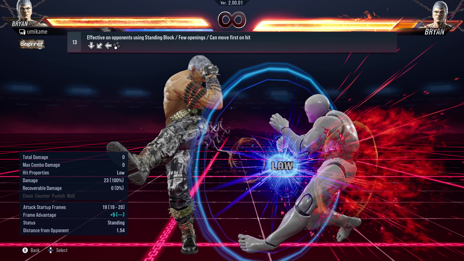 Effective on opponents using Standing Block / Few openings / Can move first on hit