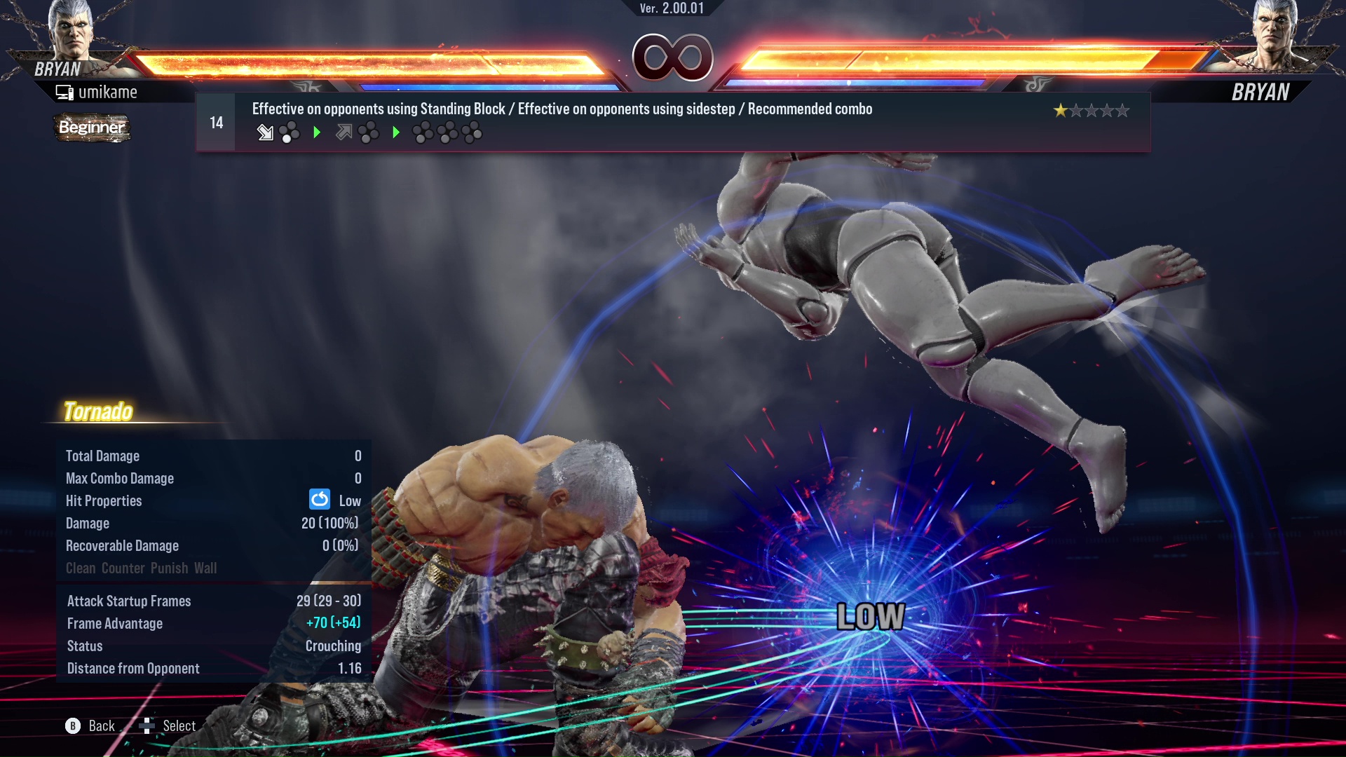 Effective on opponents using Standing Block / Effective on opponents using sidestep / Recommended combo