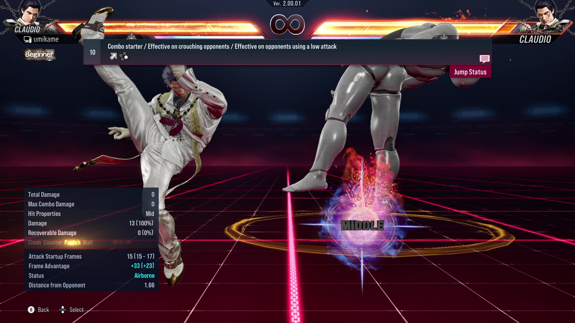 Combo starter / Effective on crouching opponents / Effective on opponents using a low attack