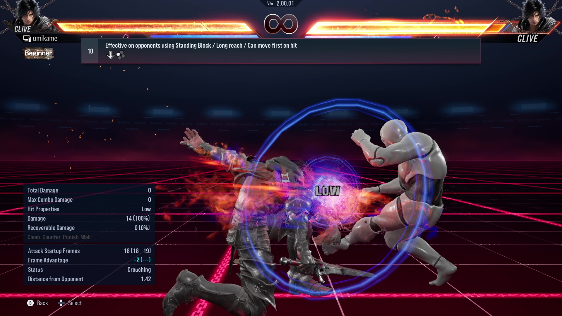 Effective on opponents using Standing Block / Long reach / Can move first on hit