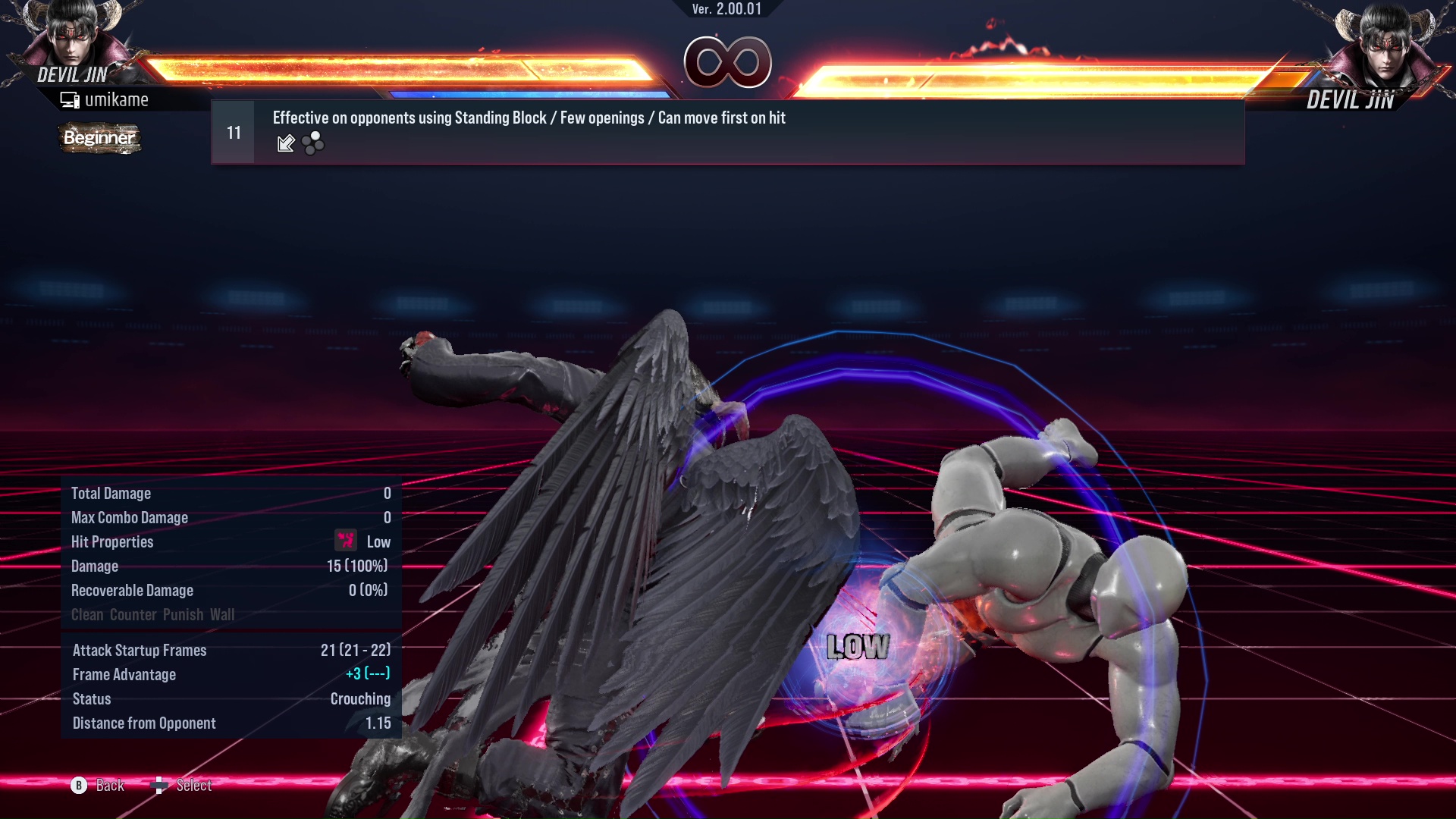 Effective on opponents using Standing Block / Few openings / Can move first on hit