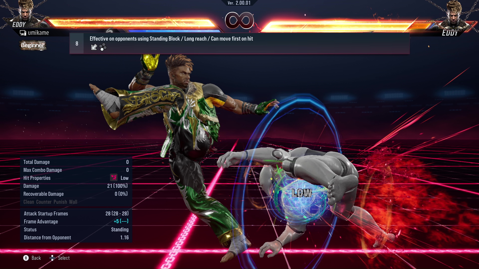 Effective on opponents using Standing Block / Long reach / Can move first on hit