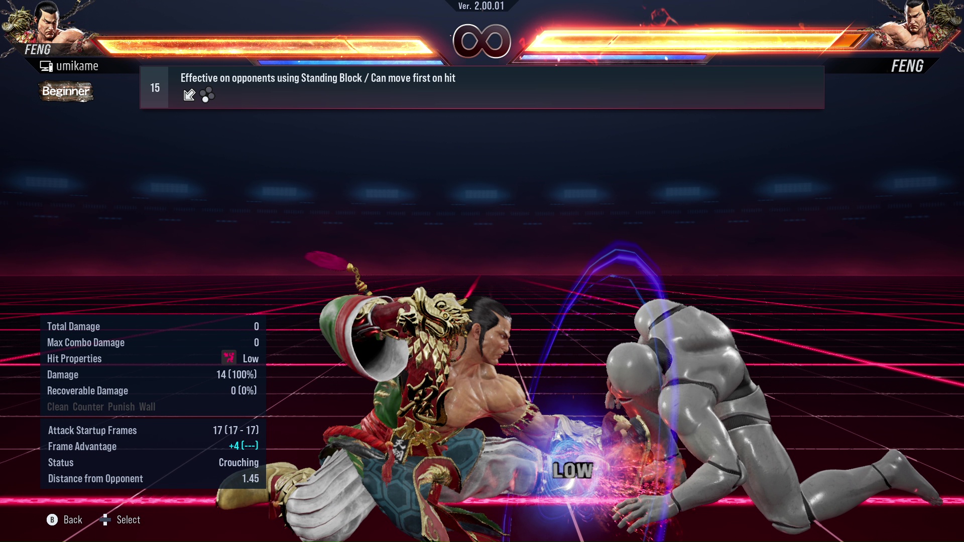 Effective on opponents using Standing Block / Can move first on hit