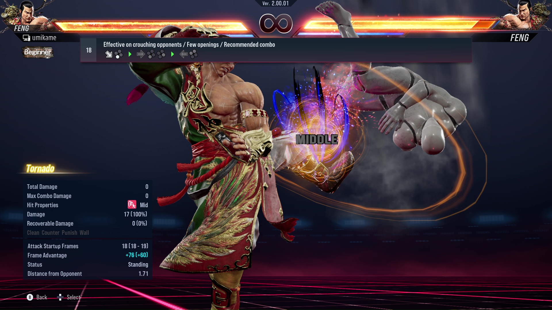 Effective on crouching opponents / Few openings / Recommended combo