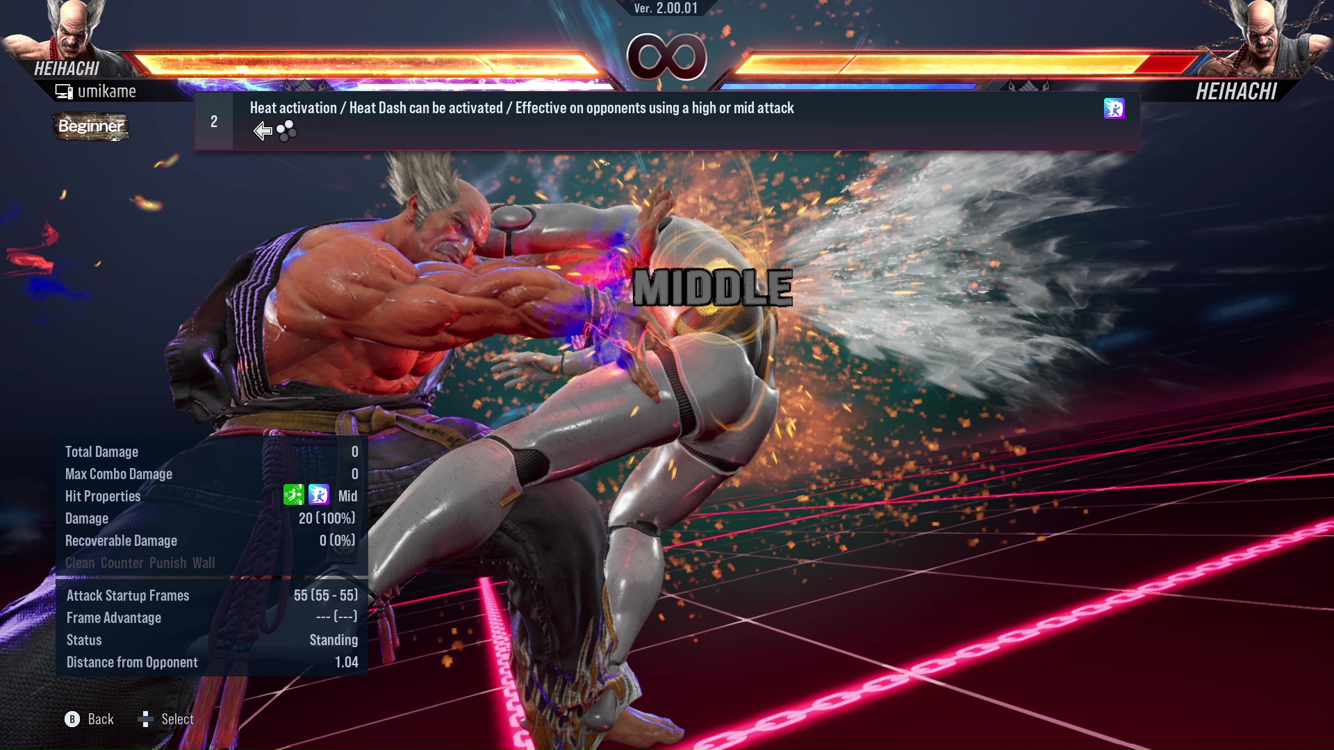 Heat activation / Heat Dash can be activated / Effective on opponents using a high or mid attack