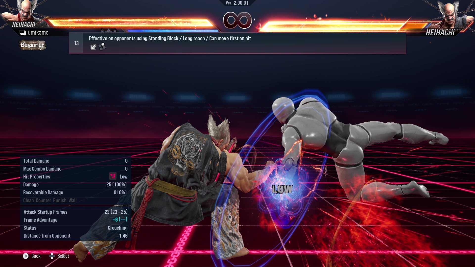 Effective on opponents using Standing Block / Long reach / Can move first on hit