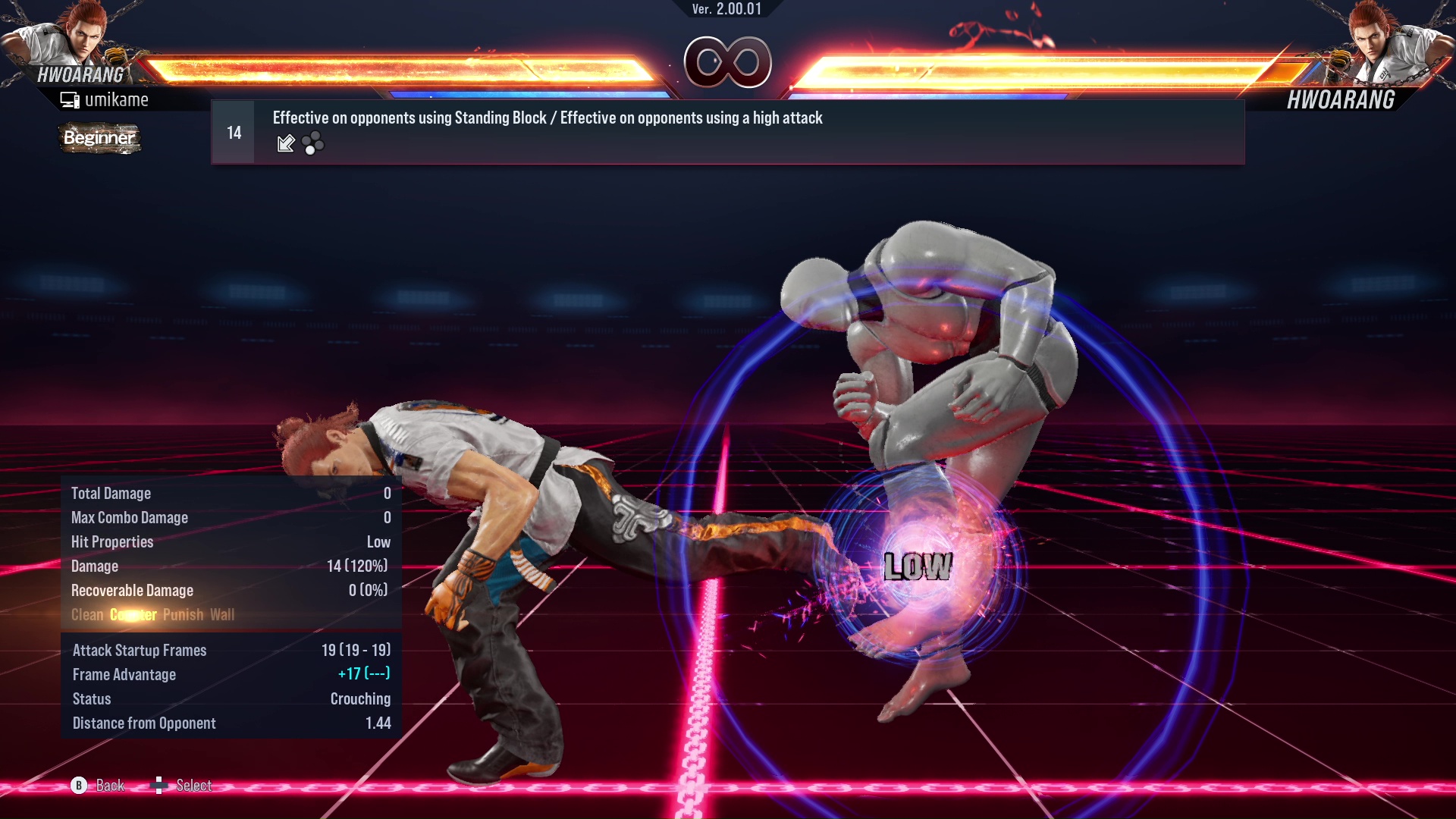 Effective on opponents using Standing Block / Effective on opponents using a high attack