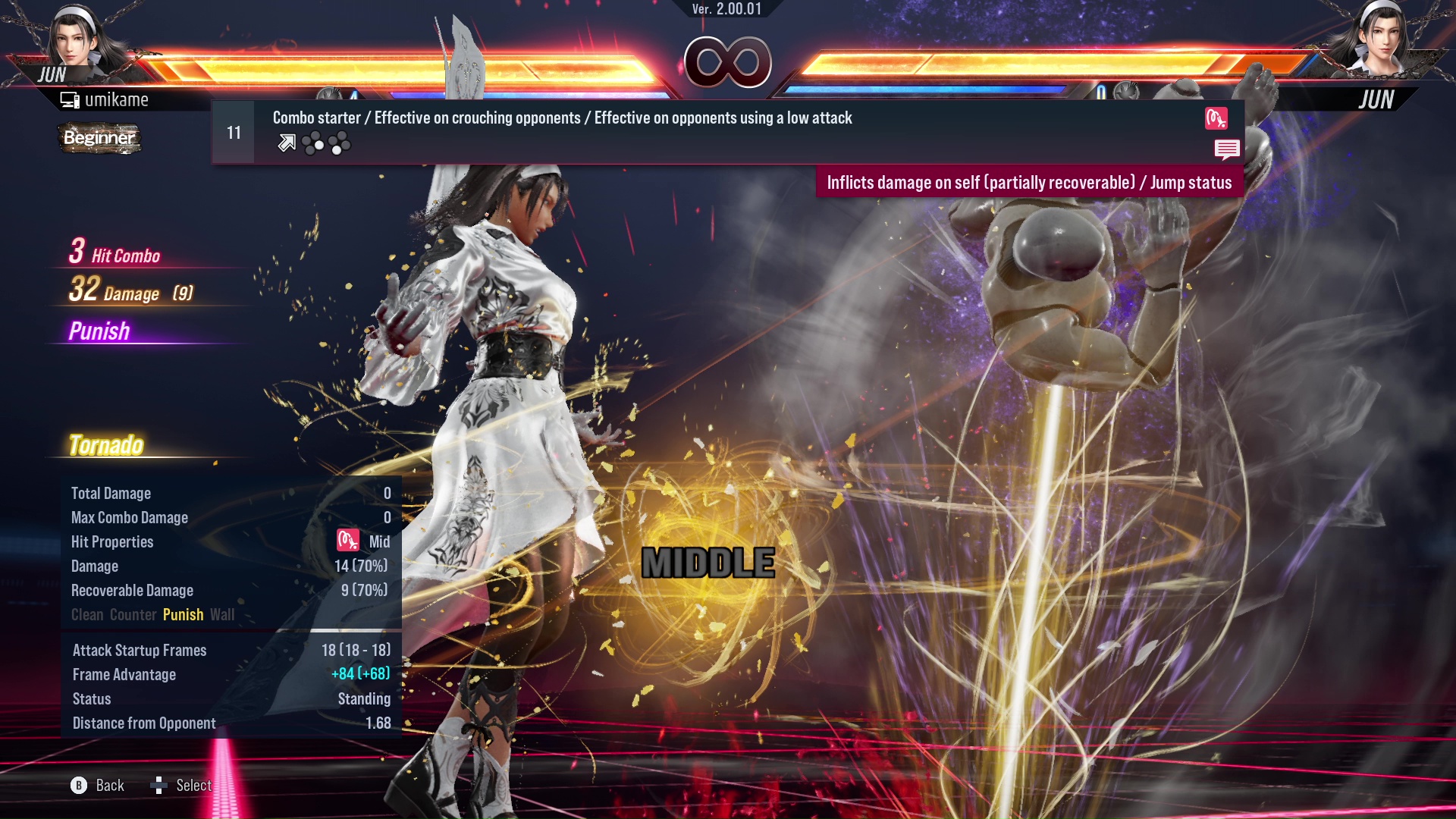 Combo starter / Effective on crouching opponents / Effective on opponents using a low attack