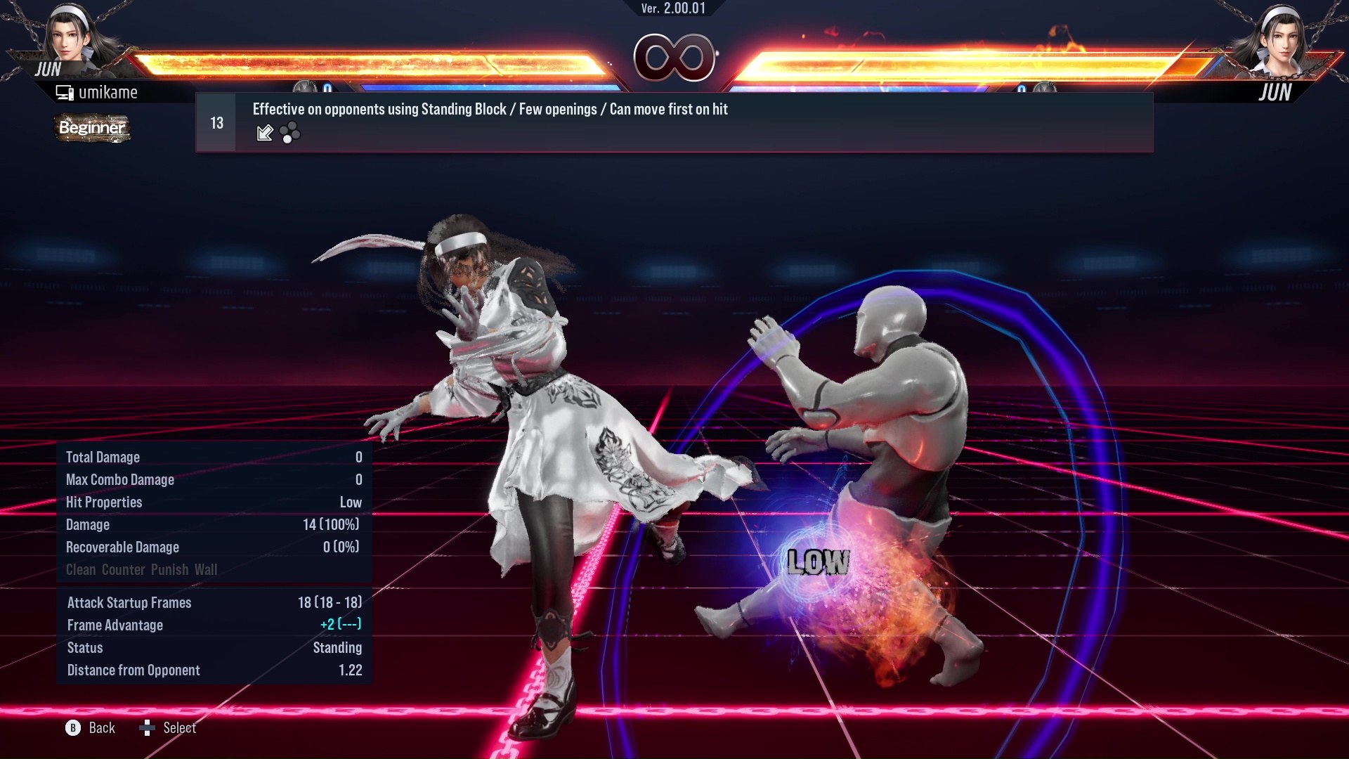 Effective on opponents using Standing Block / Few openings / Can move first on hit