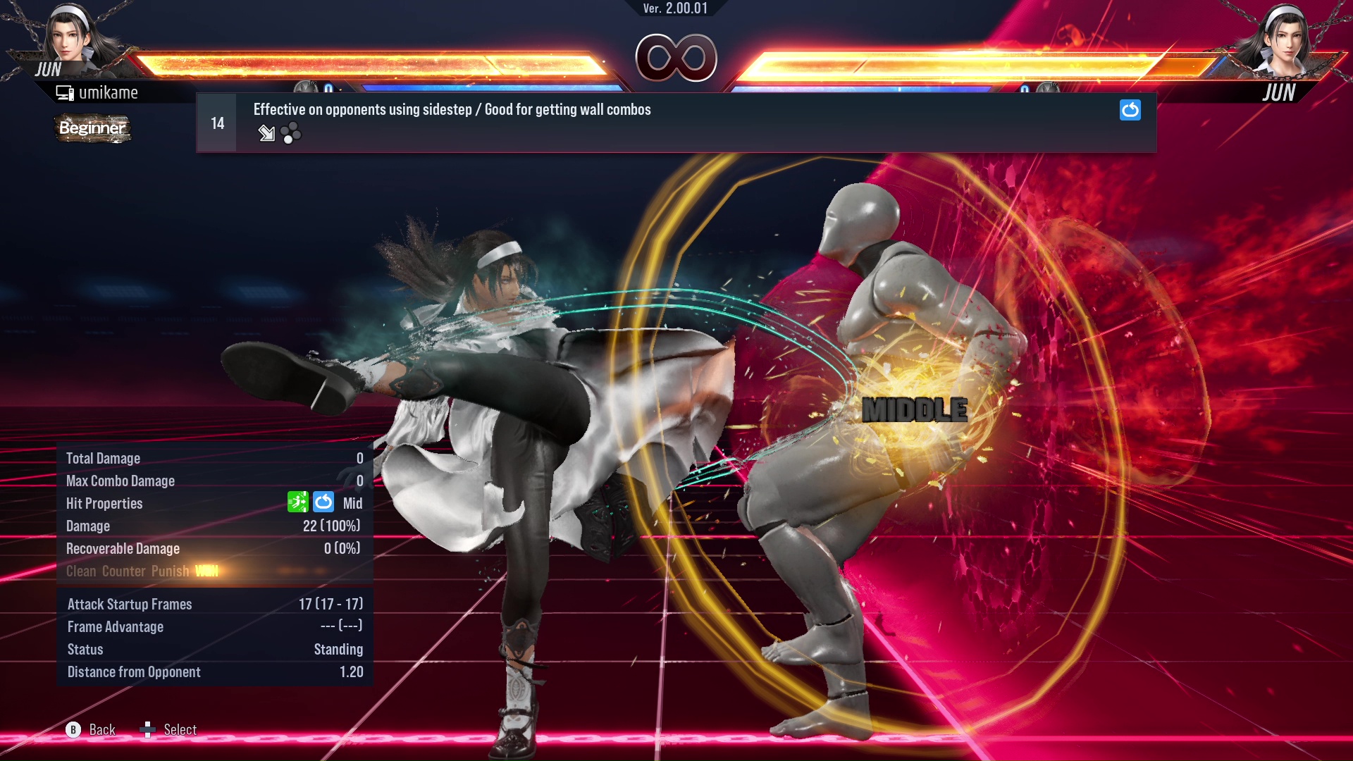 Effective on opponents using sidestep / Good for getting wall combos