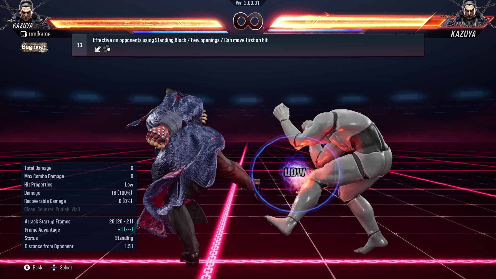 Effective on opponents using Standing Block / Few openings / Can move first on hit