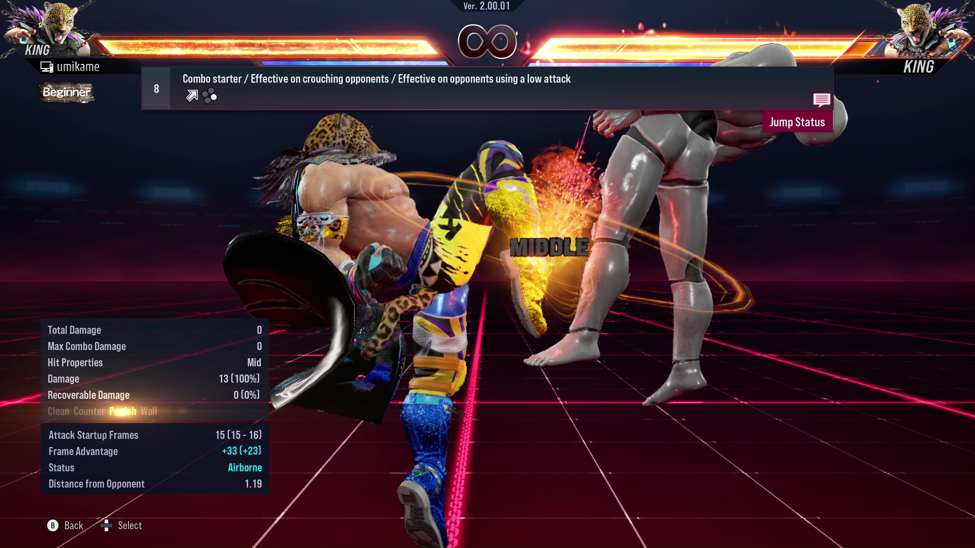 Combo starter / Effective on crouching opponents / Effective on opponents using a low attack