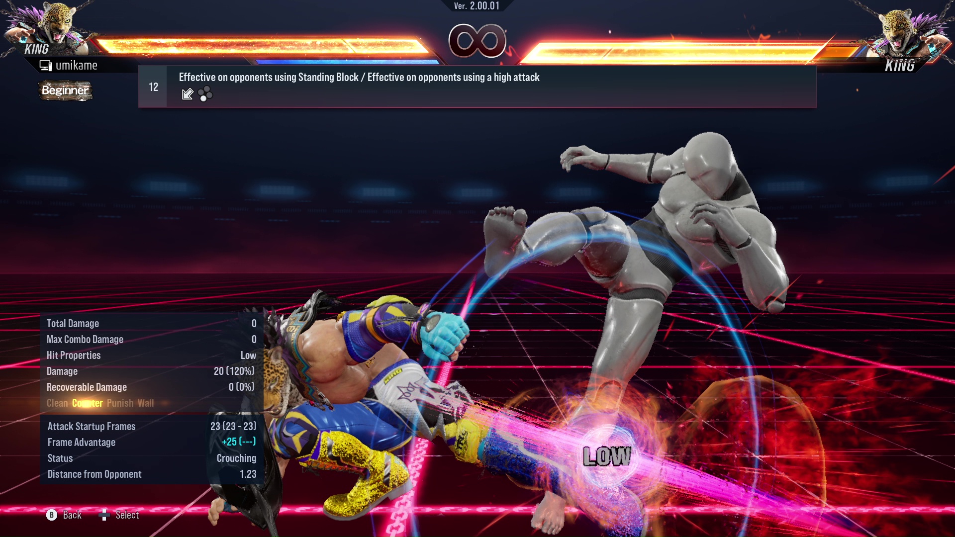 Effective on opponents using Standing Block / Effective on opponents using a high attack