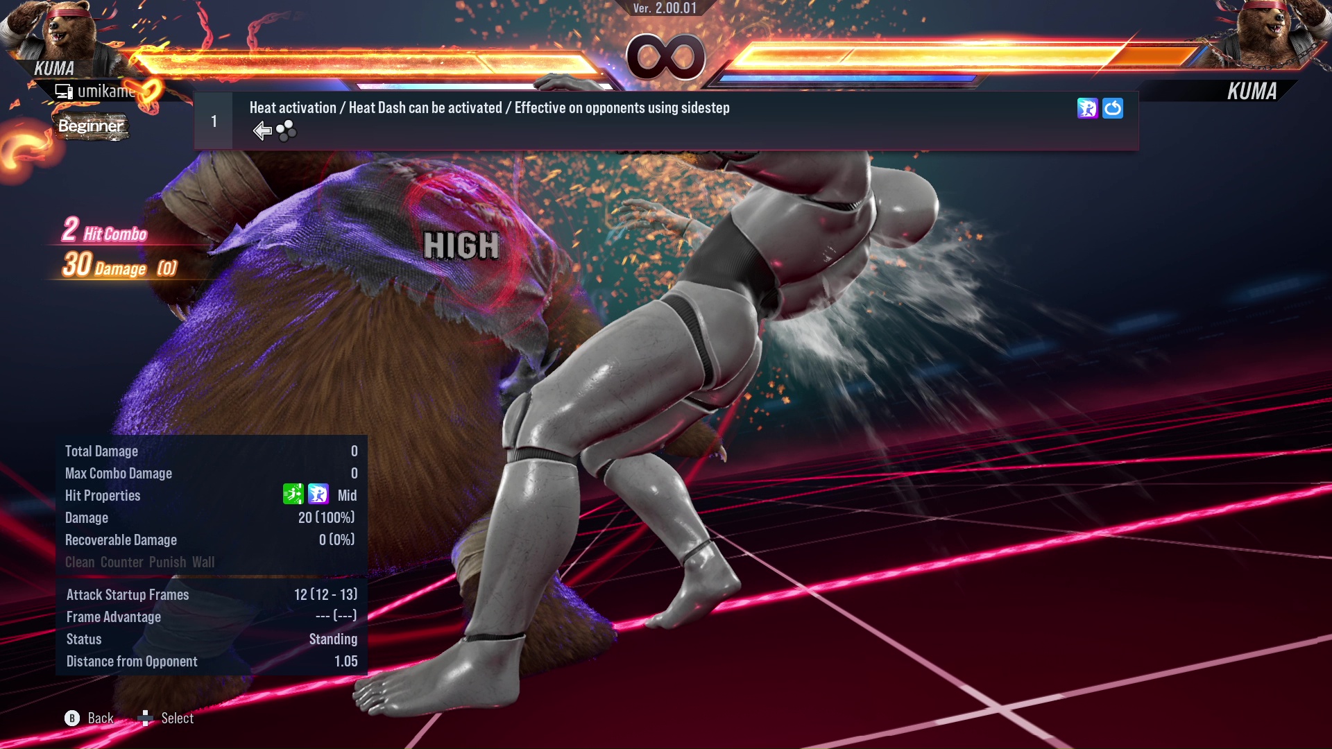 Heat activation / Heat Dash can be activated / Effective on opponents using sidestep