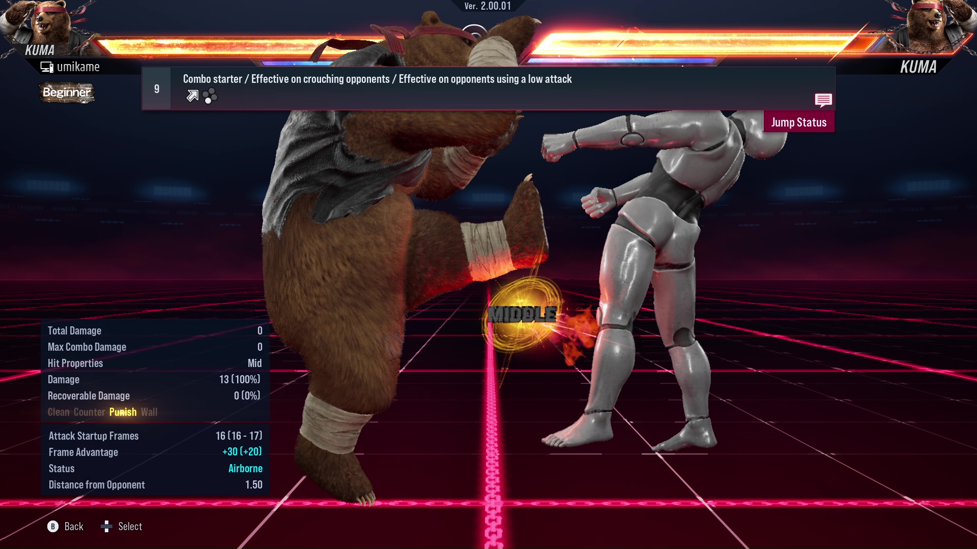 Combo starter / Effective on crouching opponents / Effective on opponents using a low attack