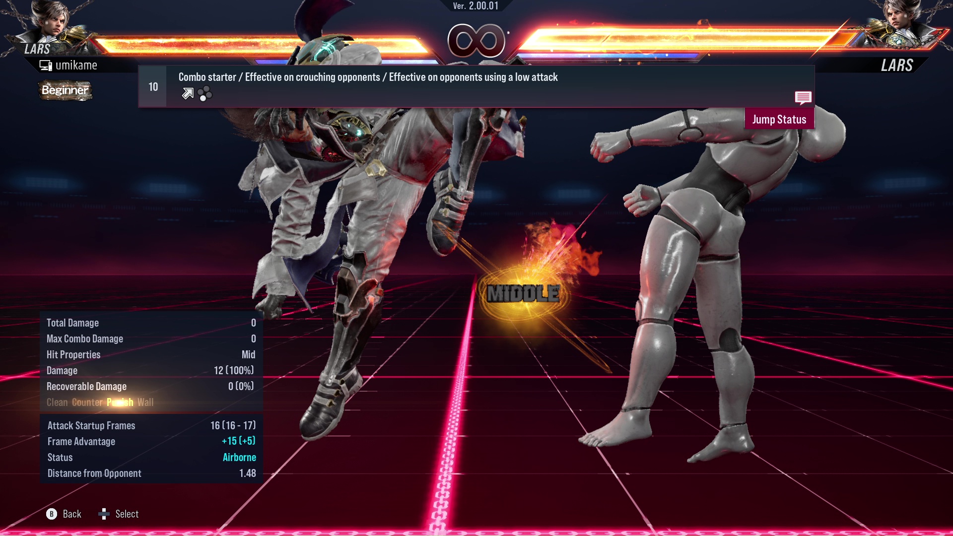 Combo starter / Effective on crouching opponents / Effective on opponents using a low attack