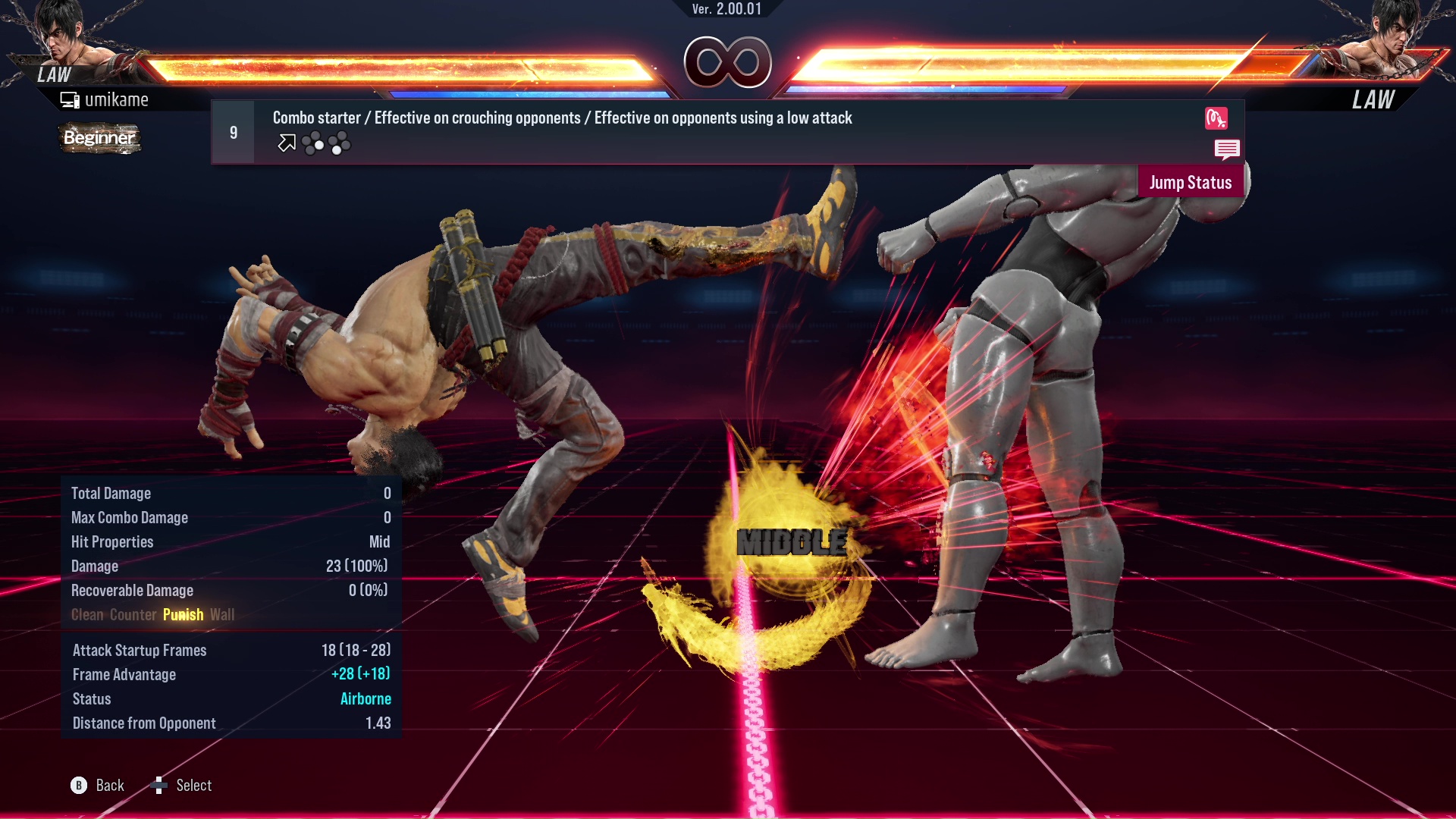 Combo starter / Effective on crouching opponents / Effective on opponents using a low attack