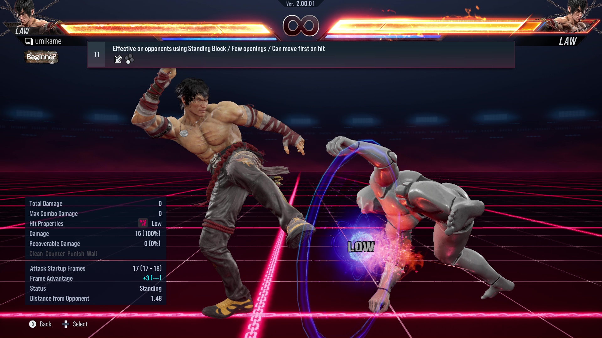 Effective on opponents using Standing Block / Few openings / Can move first on hit