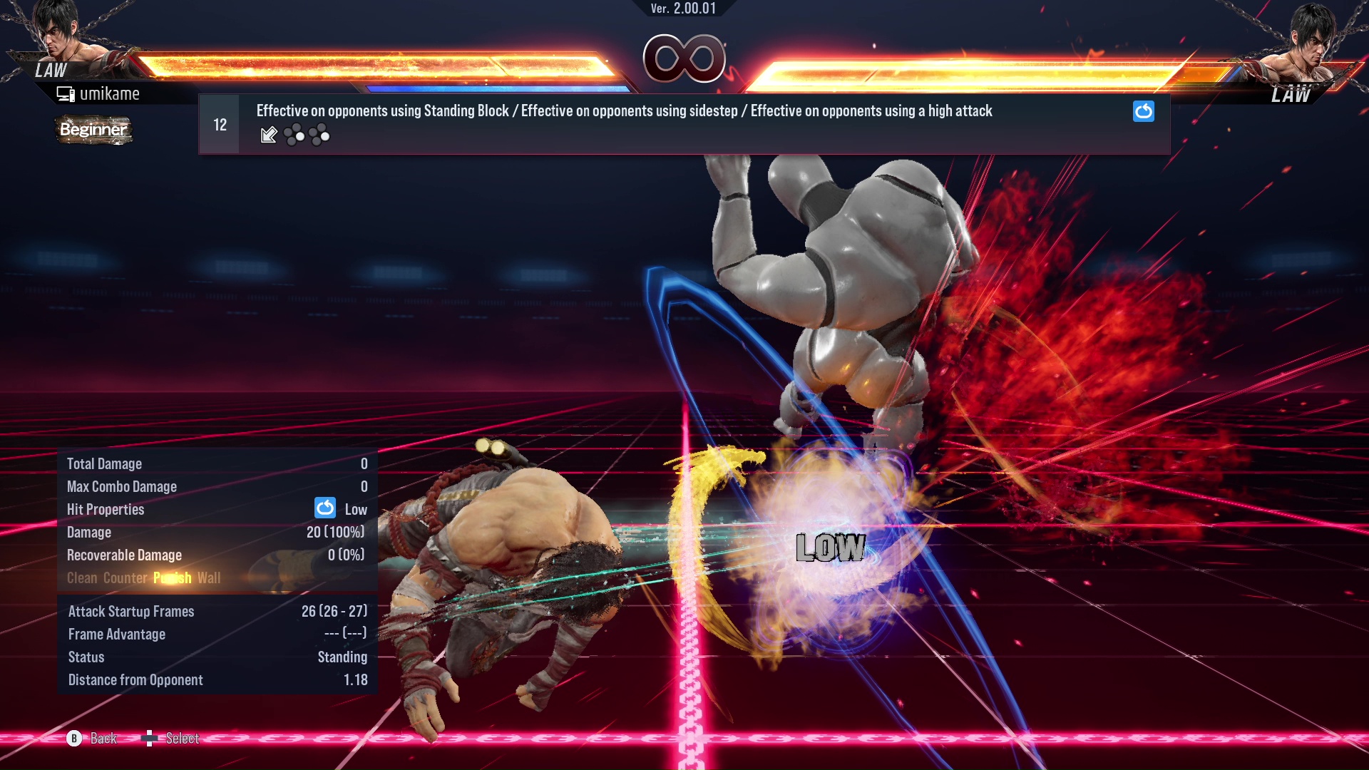 Effective on opponents using Standing Block / Effective on opponents using sidestep / Effective on opponents using a high attack