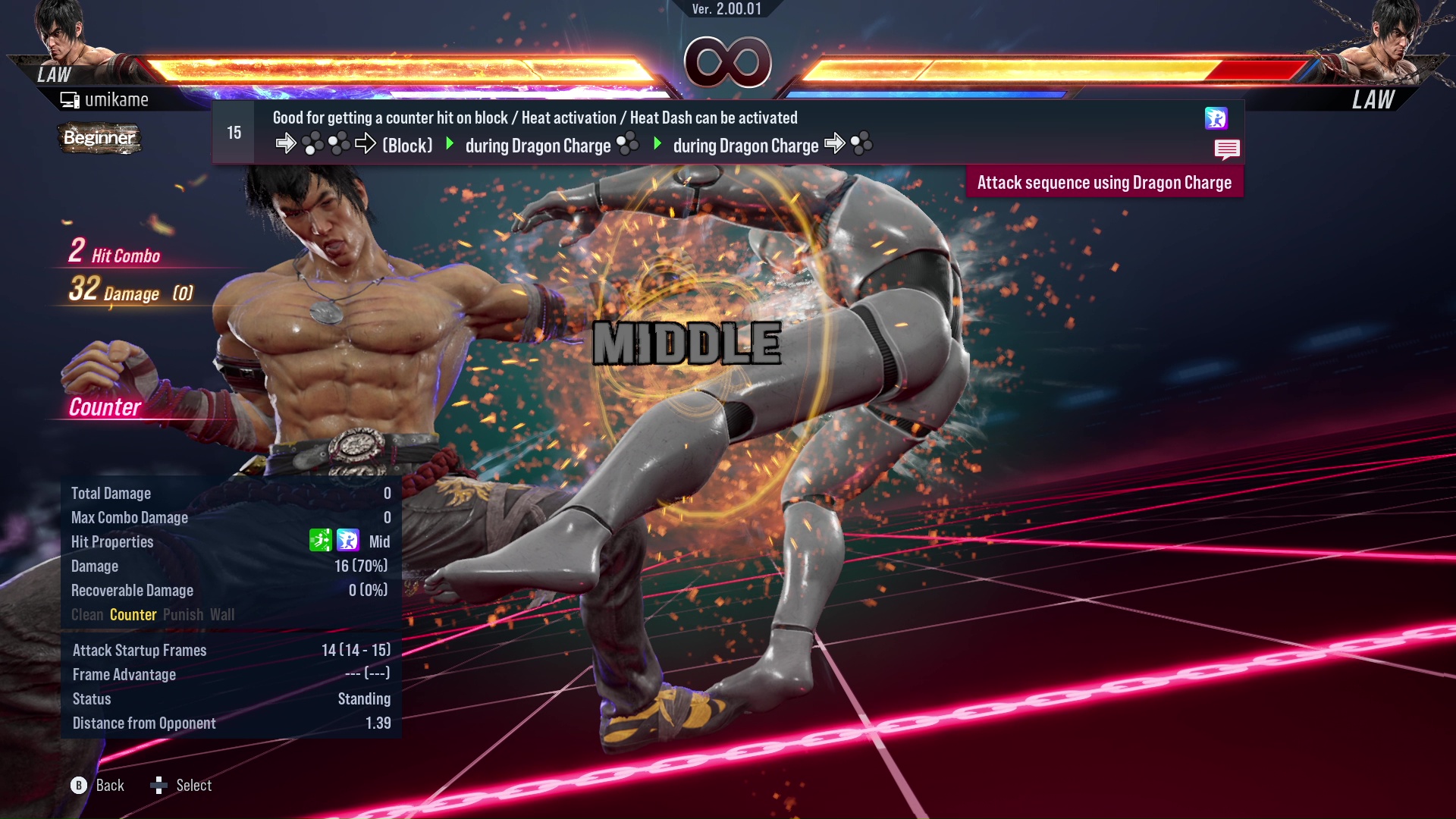 Good for getting a counter hit on block / Heat activation / Heat Dash can be activated