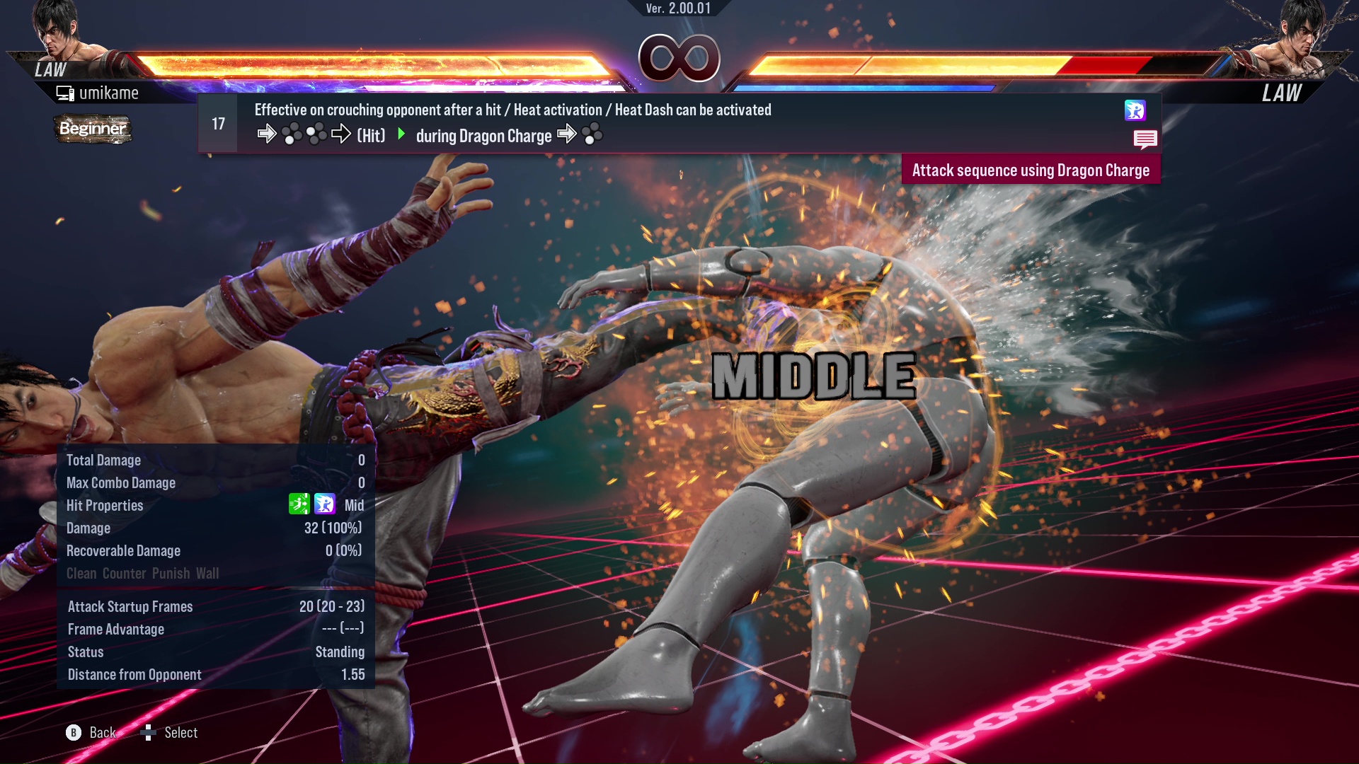 Effective on crouching opponents after a hit / Heat activation / Heat Dash can be activated