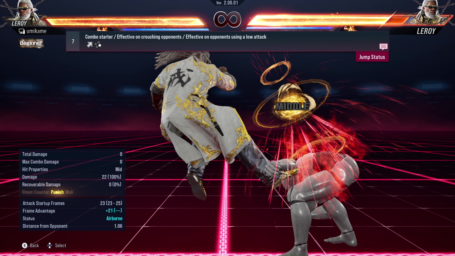 Combo starter / Effective on crouching opponents / Effective on opponents using a low attack