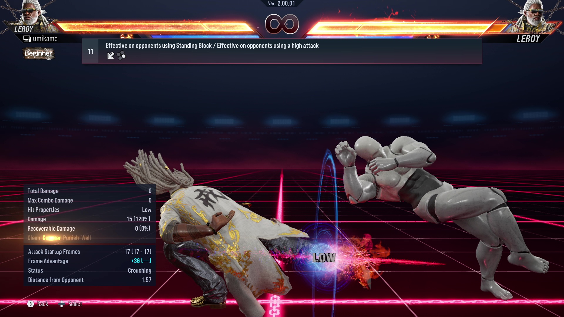 Effective on opponents using Standing Block / Effective on opponents using a high attack