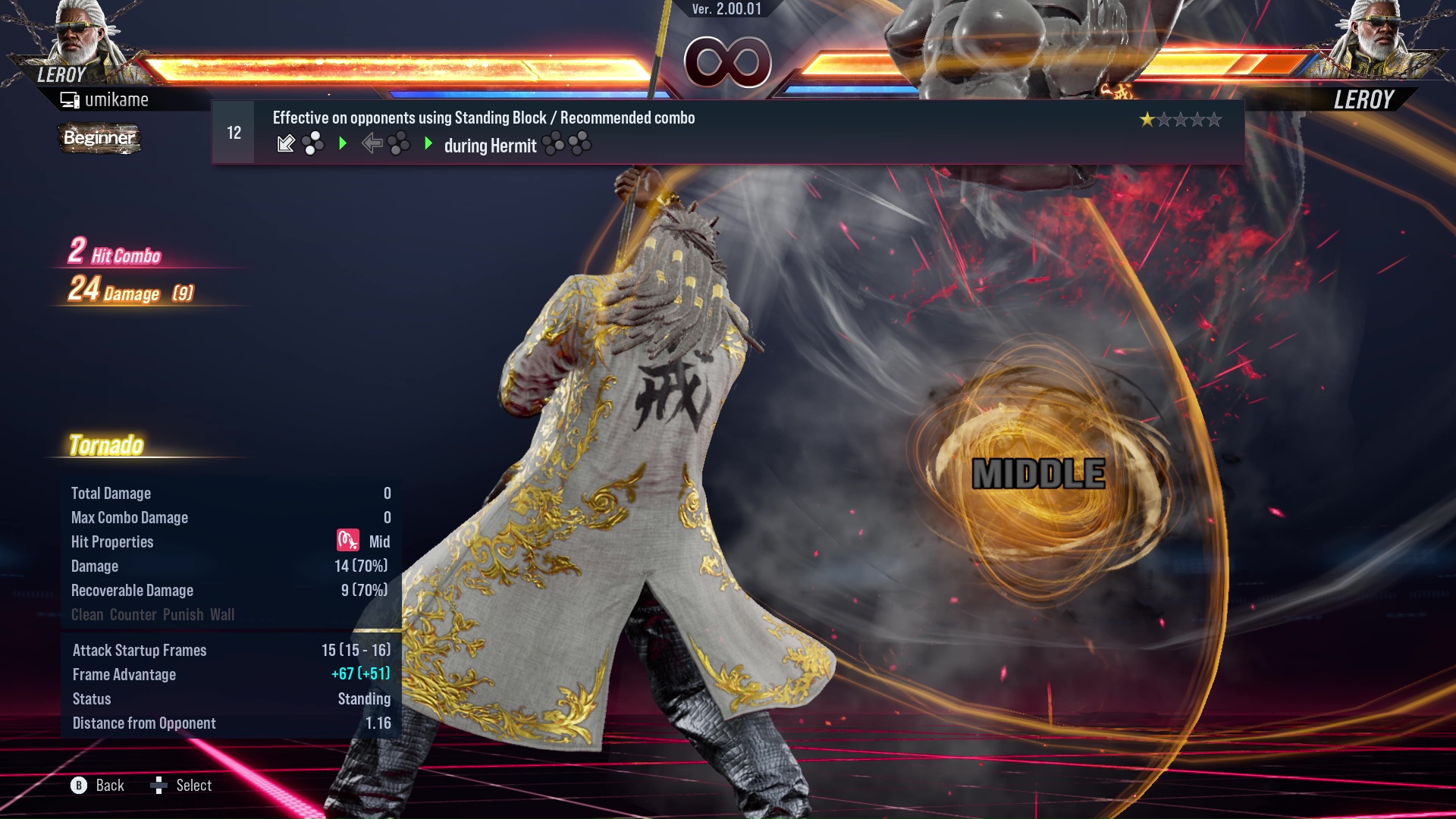 Effective on opponents using Standing Block / Recommended combo