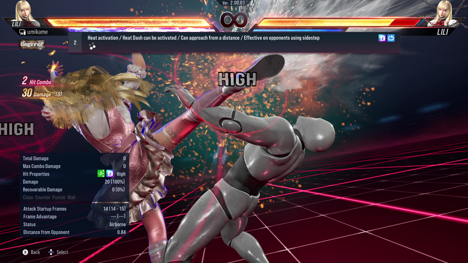 Heat activation / Heat Dash can be activated / Can approach from a distance / Effective on opponents using sidestep