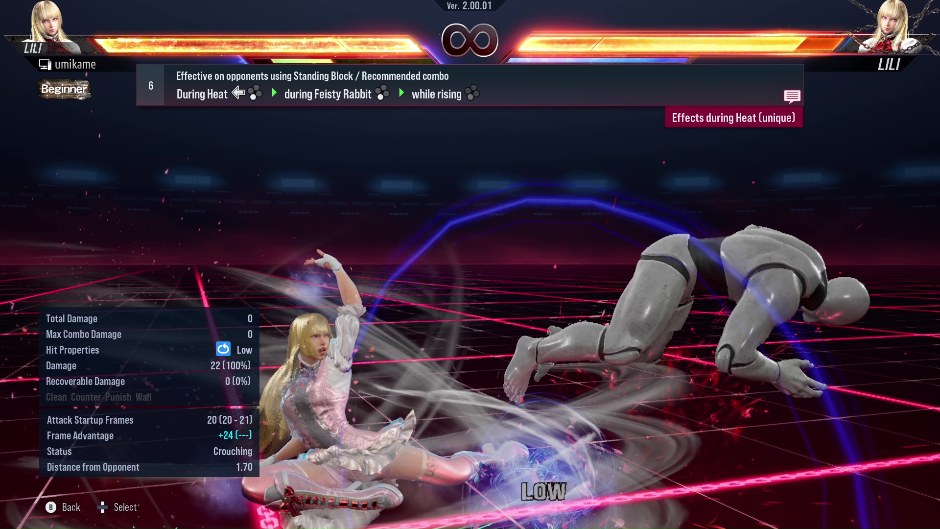 Effective on opponents using Standing Block / Recommended combo