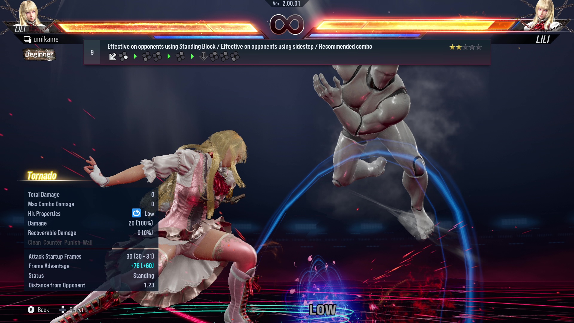 Effective on opponents using Standing Block / Effective on opponents using sidestep / Recommended combo