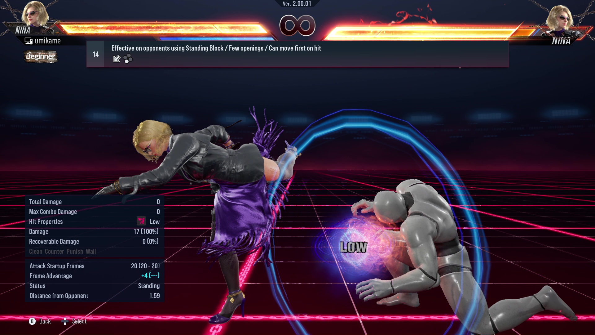 Effective on opponents using Standing Block / Few openings / Can move first on hit