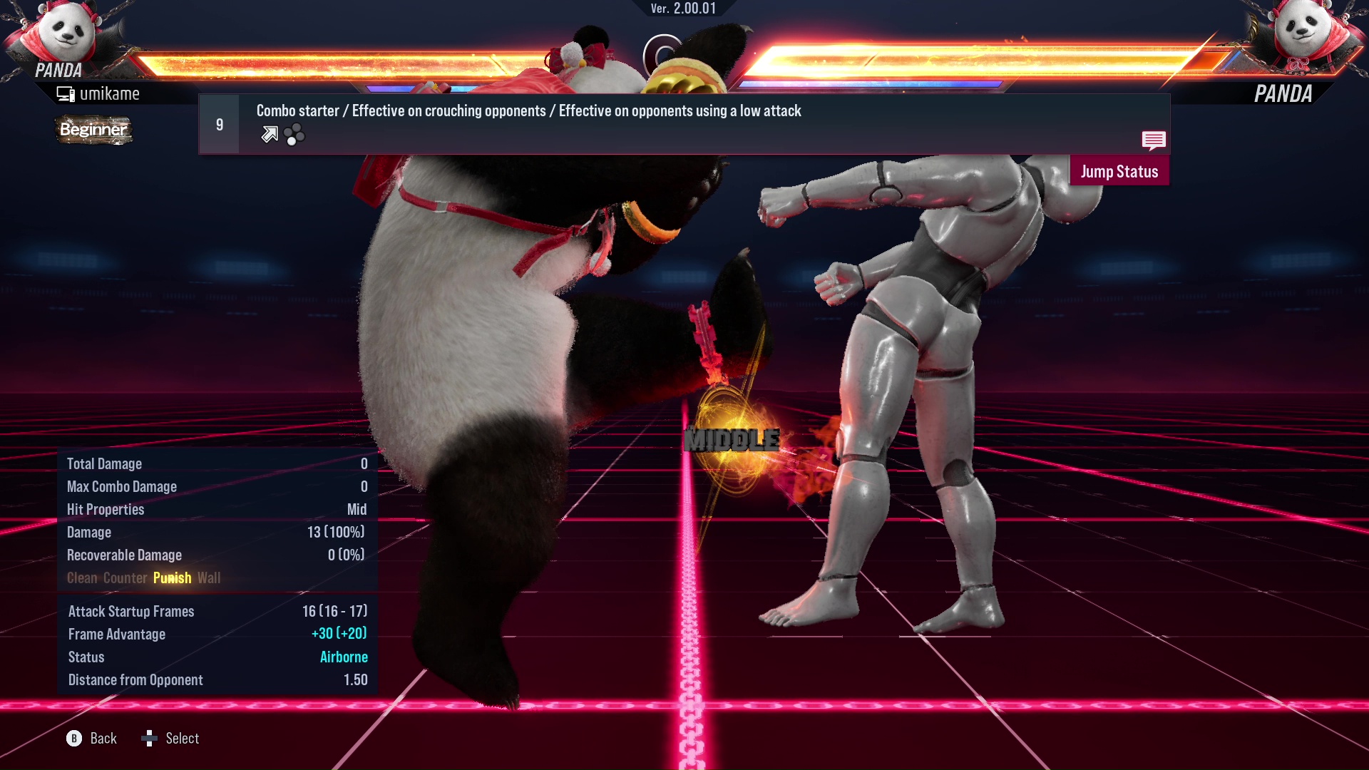 Combo starter / Effective on crouching opponents / Effective on opponents using a low attack