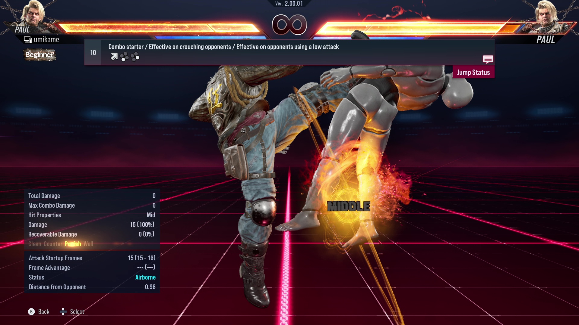 Combo starter / Effective on crouching opponents / Effective on opponents using a low attack