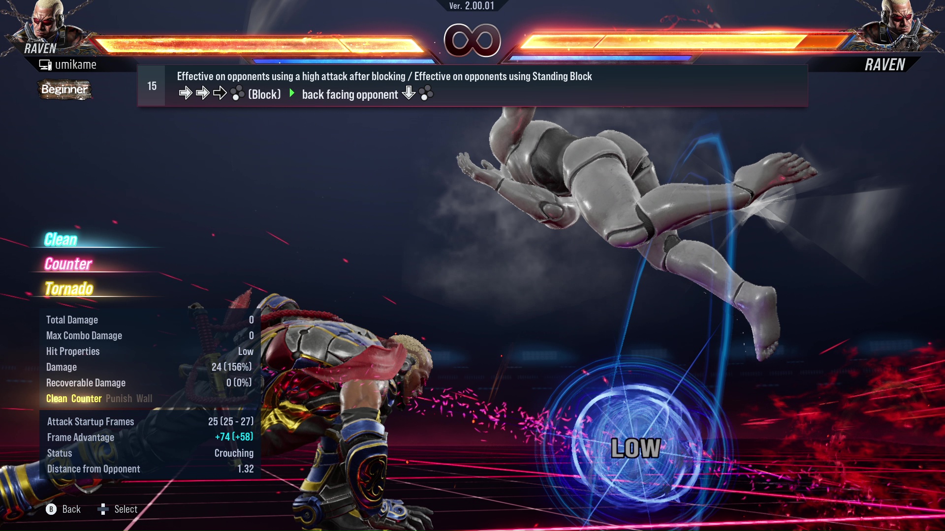 Effective on opponents using a high attack after blocking / Effective on opponents using Standing Block