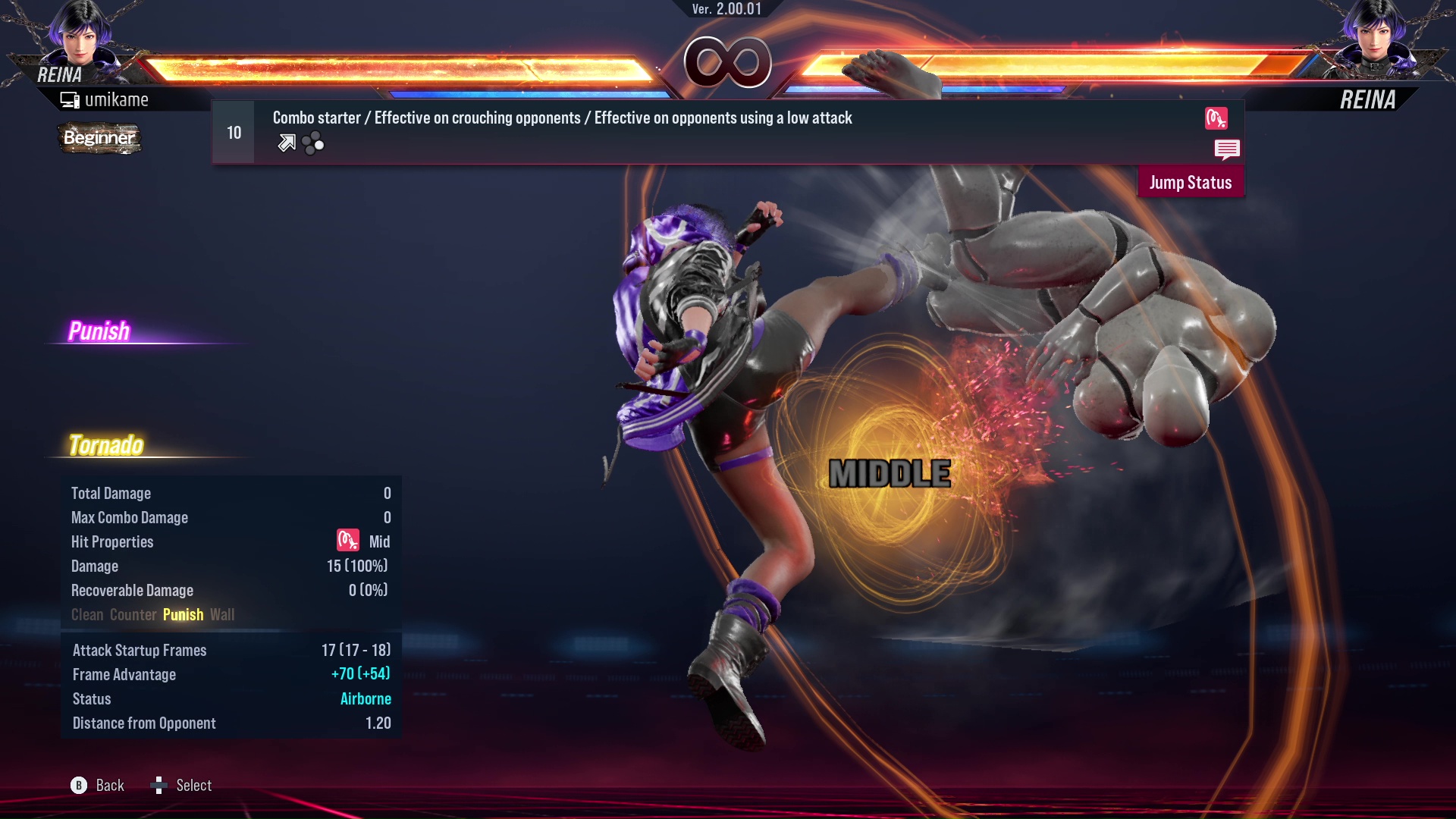 Combo starter / Effective on crouching opponents / Effective on opponents using a low attack