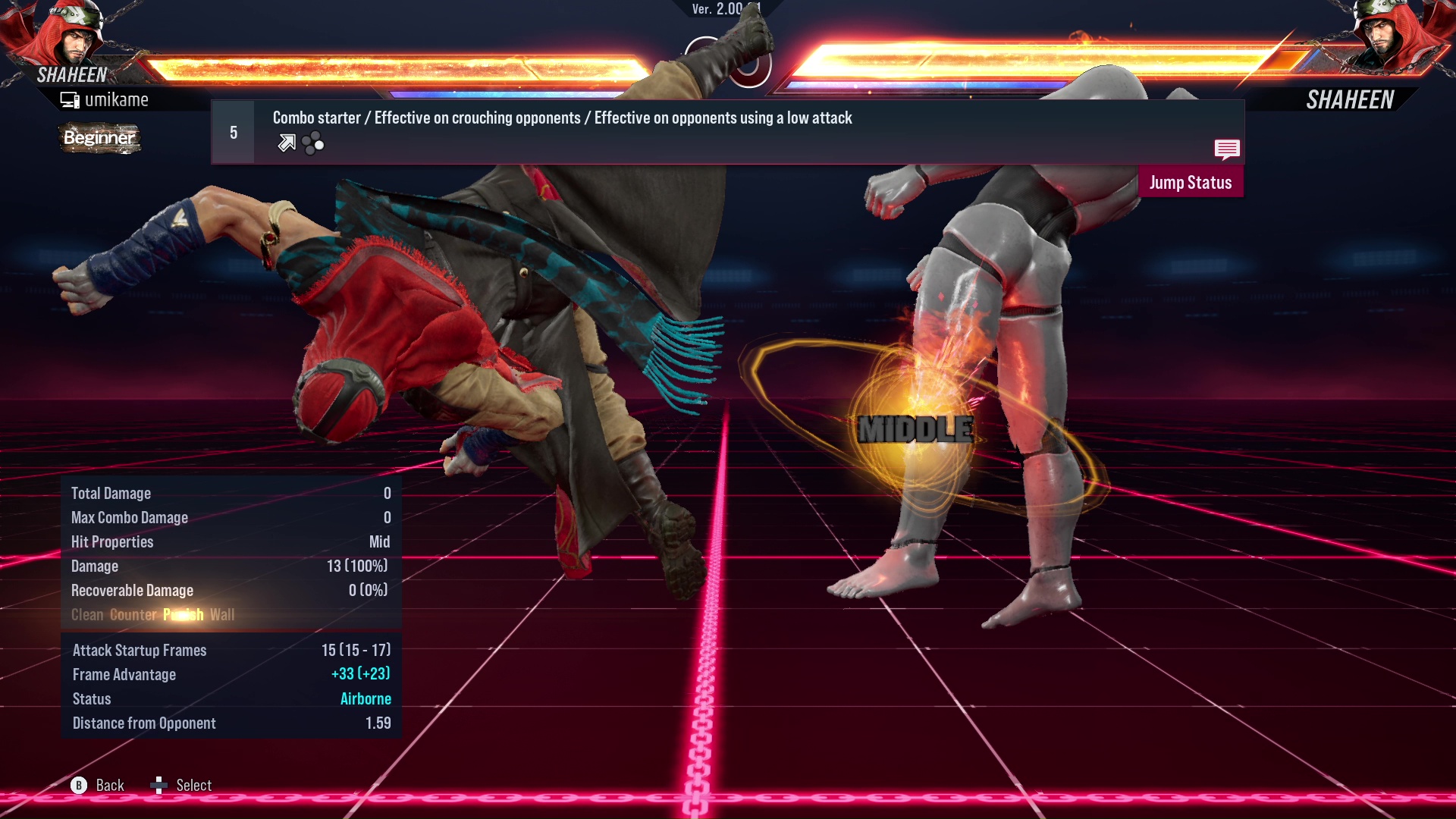 Combo starter / Effective on crouching opponents / Effective on opponents using a low attack