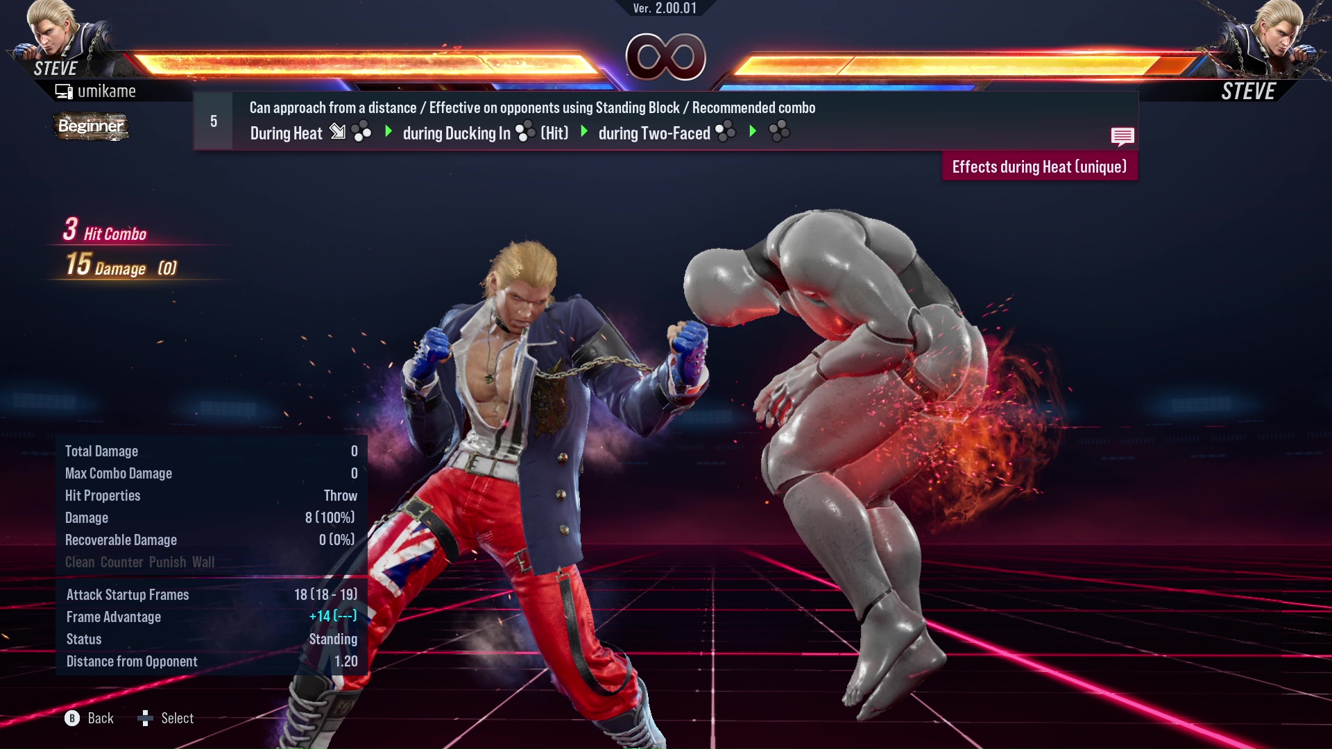 Can approach from a distance / Effective on opponents using Standing Block / Recommended combo