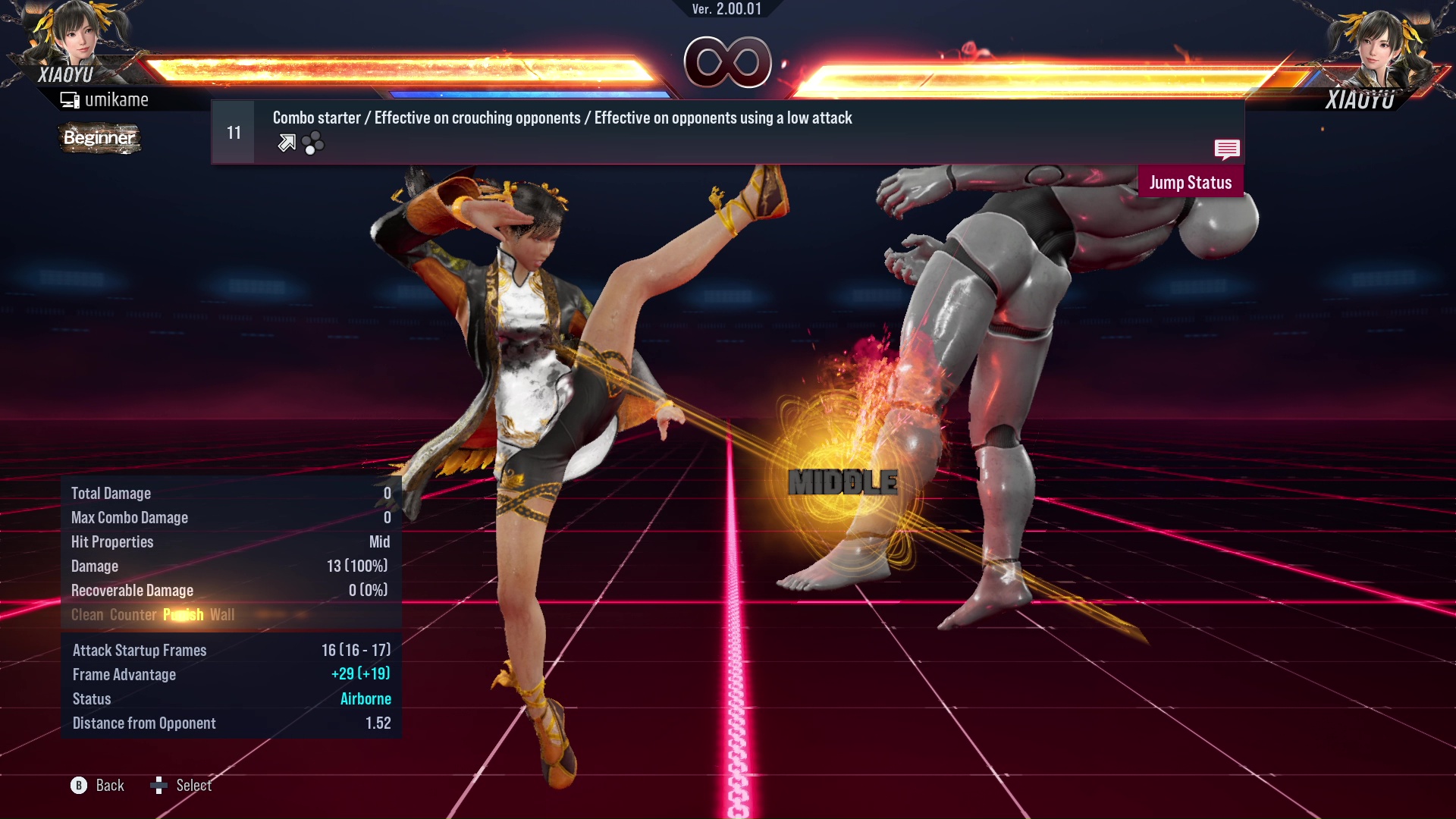 Combo starter / Effective on crouching opponents / Effective on opponents using a low attack