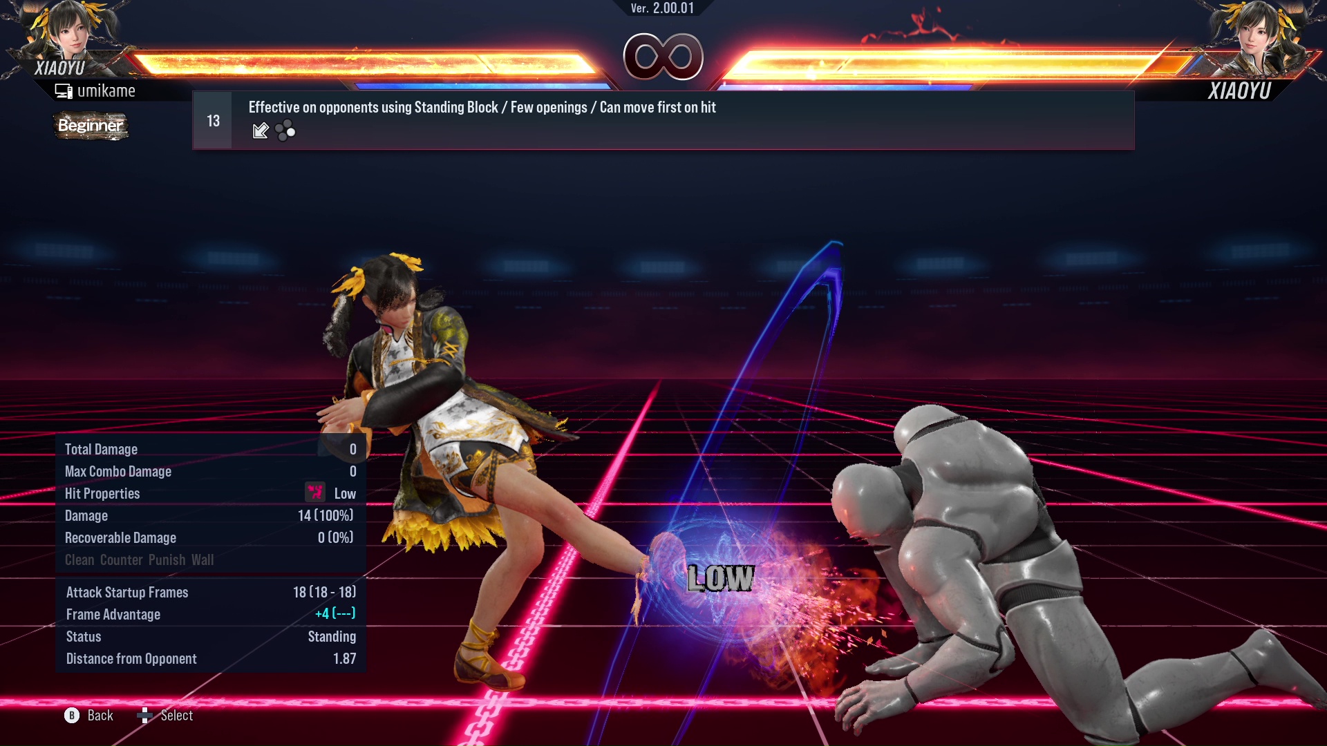 Effective on opponents using Standing Block / Few openings / Can move first on hit